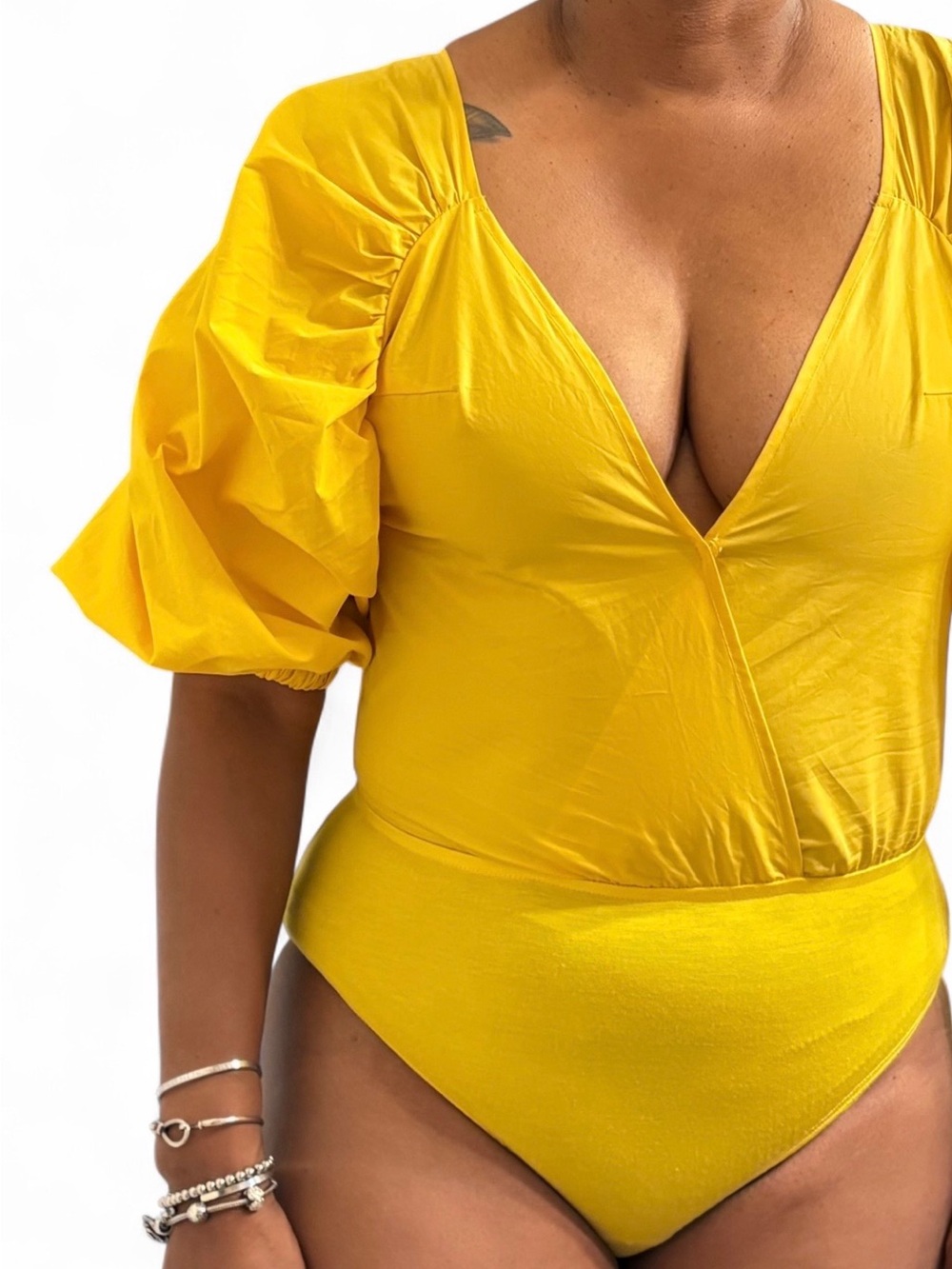 SHEIN Yellow Puff Sleeve V-Neck Bodysuit